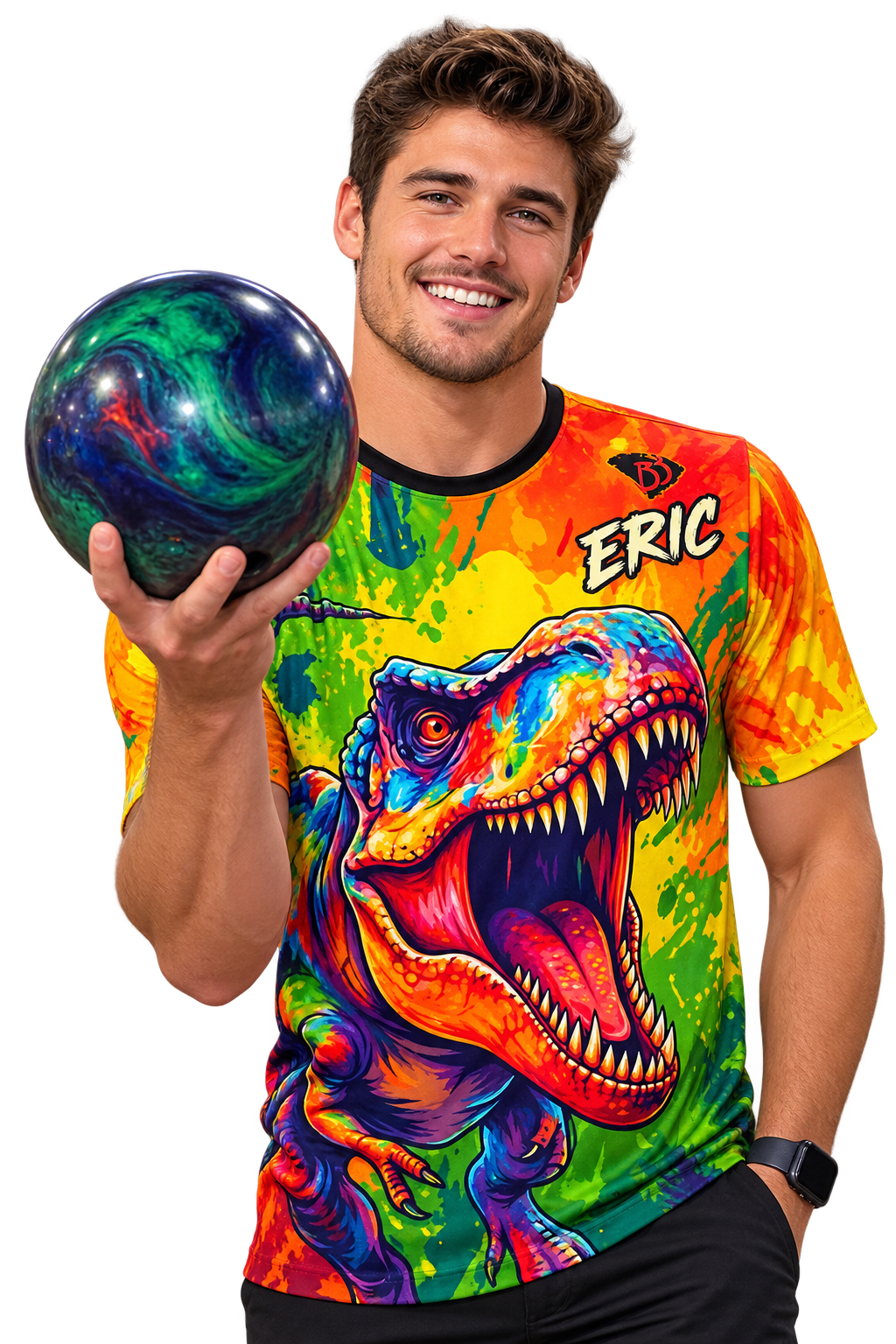 Custom bowling jersey with a bold all-over T-Rex design, worn by a bowler holding his ball